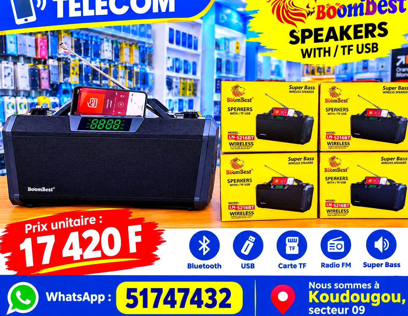 Haut-parleur sans fil BoomBest LN-5216BT avec radio FM et Super Bass