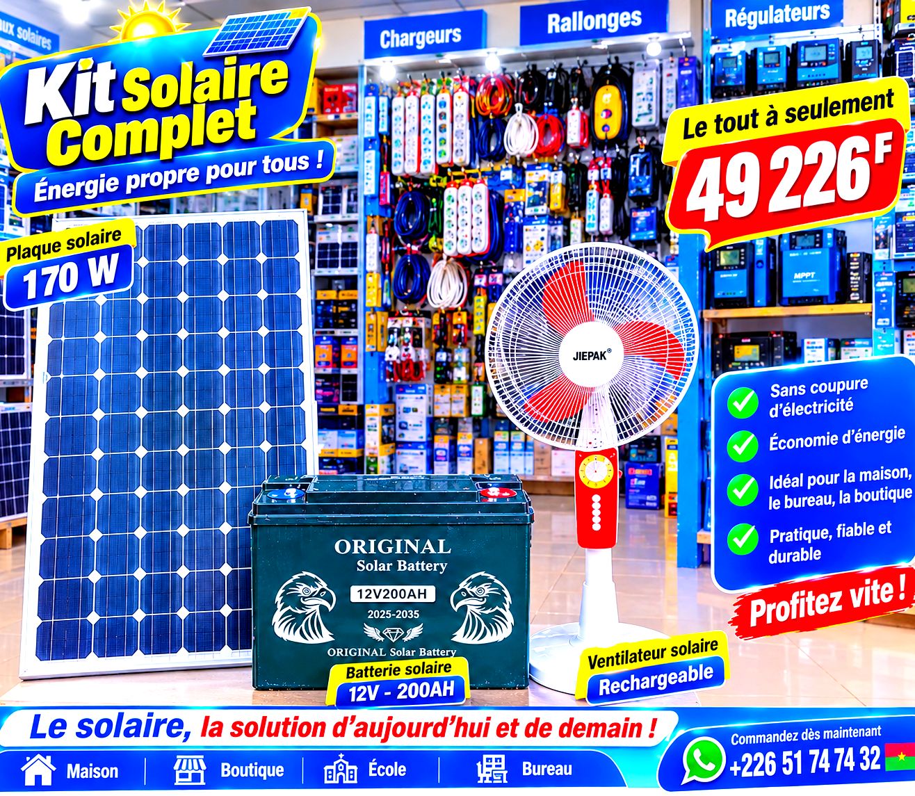 Kit solaire complet avec panneau 170W, batterie 200AH et ventilateur