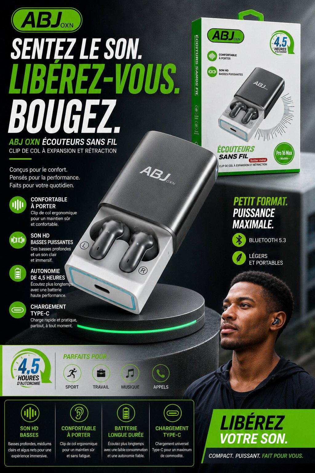 Écouteurs sans fil ABJ OXN Pro 16 Max avec étui de charge
