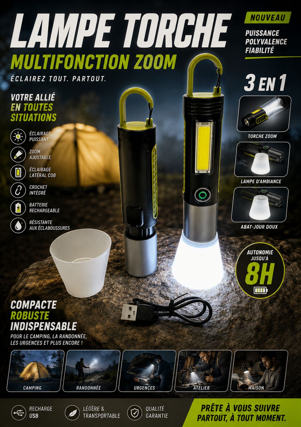 Lampe torche LED multifonction rechargeable