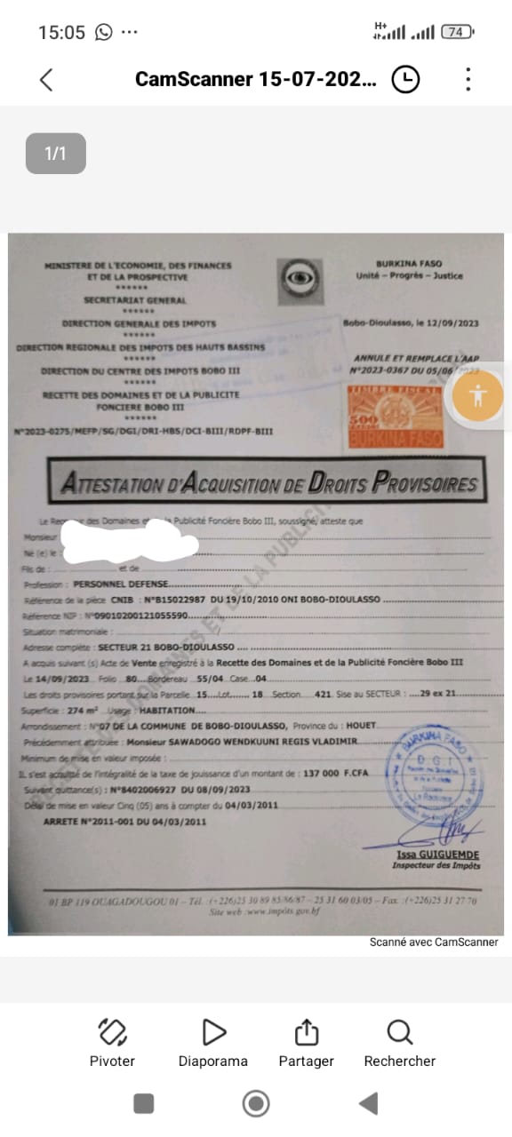 Attestation d'acquisition de droits provisoires pour parcelle